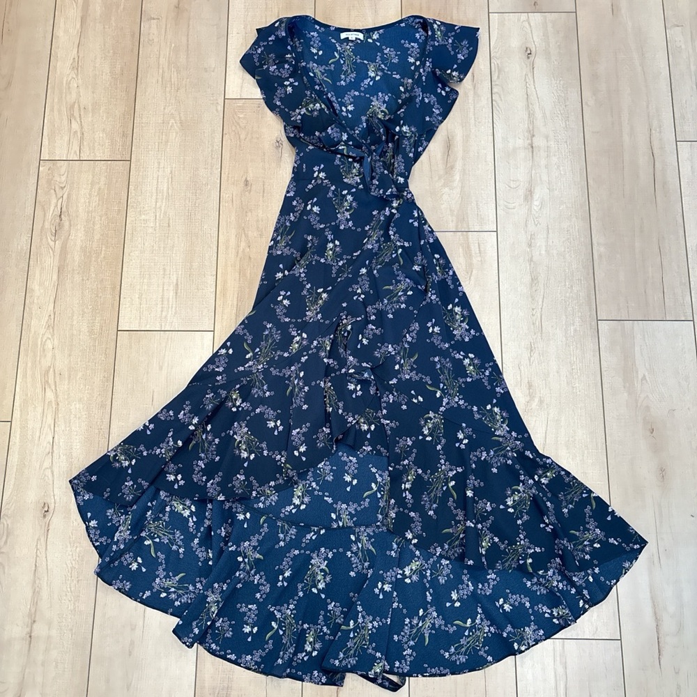 Max Studio Navy and Lavender Floral Wrap Dress